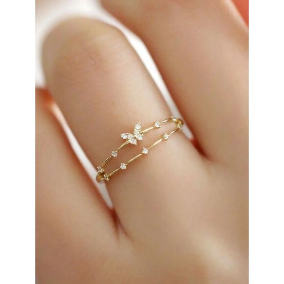 Cubic Zirconia Butterfly Double Layer Ring Gold Adjustable Dainty Feminine Open - Picture 1 of 4
